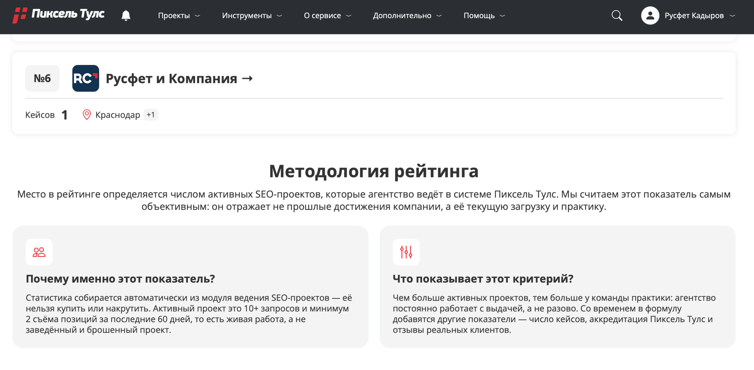 Русфет и Компания появилась в рейтингах SEO- и GEO-агентств Pixel Tools 3 Русфет и Компания на шестом месте в рейтинге SEO-агентств Pixel Tools
